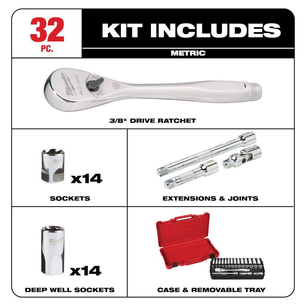 MW 38 in. Drive Metric Ratchet and Socket Mechanics Tool Set (32-Piece) 48-22-9508