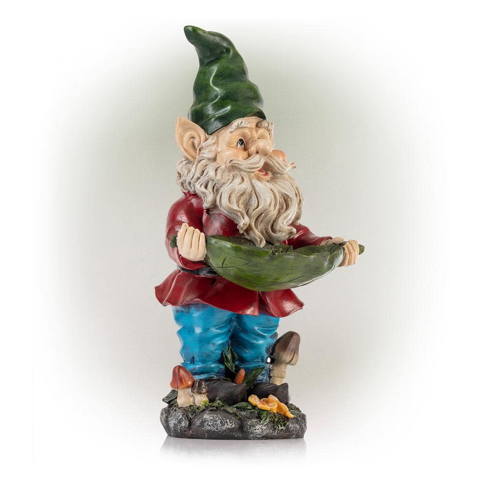 Alpine Corporation 16 in. Tall Outdoor Garden Gnome and Bird Feeder Yard Statue Decoration WAC208