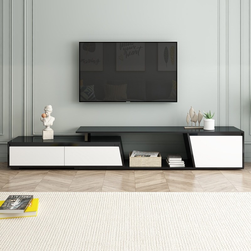 Modern Retractable TV Stand  Extendable Media Console TV Cabinet with 2 Drawers and 1 Cabinet for Living Room