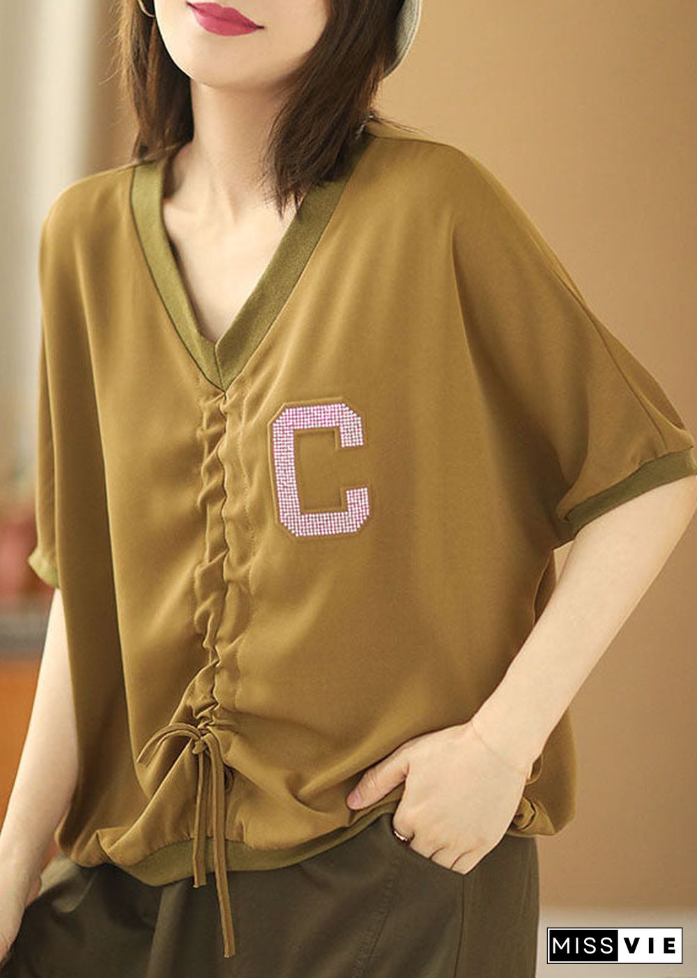 Women Khaki V Neck Drawstring Letter Blouse Tops Short Sleeve