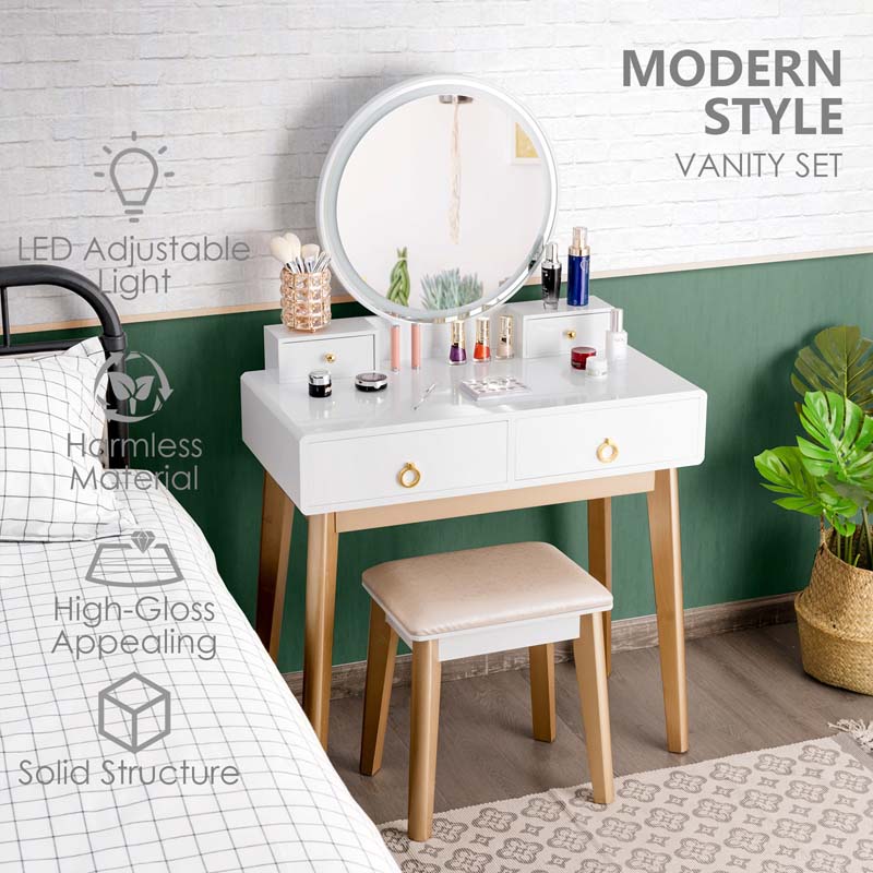 Modern Makeup Vanity Set with Touch Screen Dimming Mirror and 3 Color LED Lighting Modes, Jewelry Divider Dressing Table