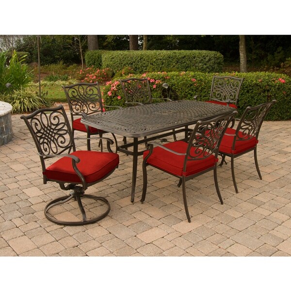 Cambridge Seasons 7Piece Dining Set in Red with 2 Swivel Rockers，4 Dining Chairs，and a 72In. x 38In. Casttop Table