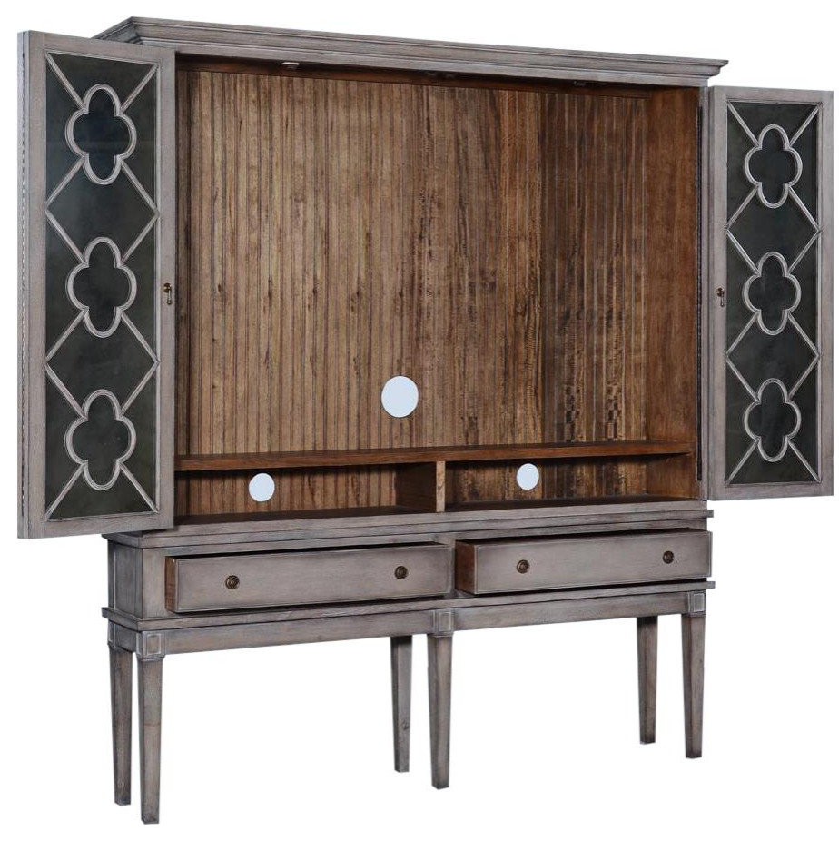 TV Cabinet Wilcox Raised Greige Distressed Wood Mirror Bi Fold Doors   Mediterranean   Entertainment Centers And Tv Stands   by EuroLuxHome  Houzz