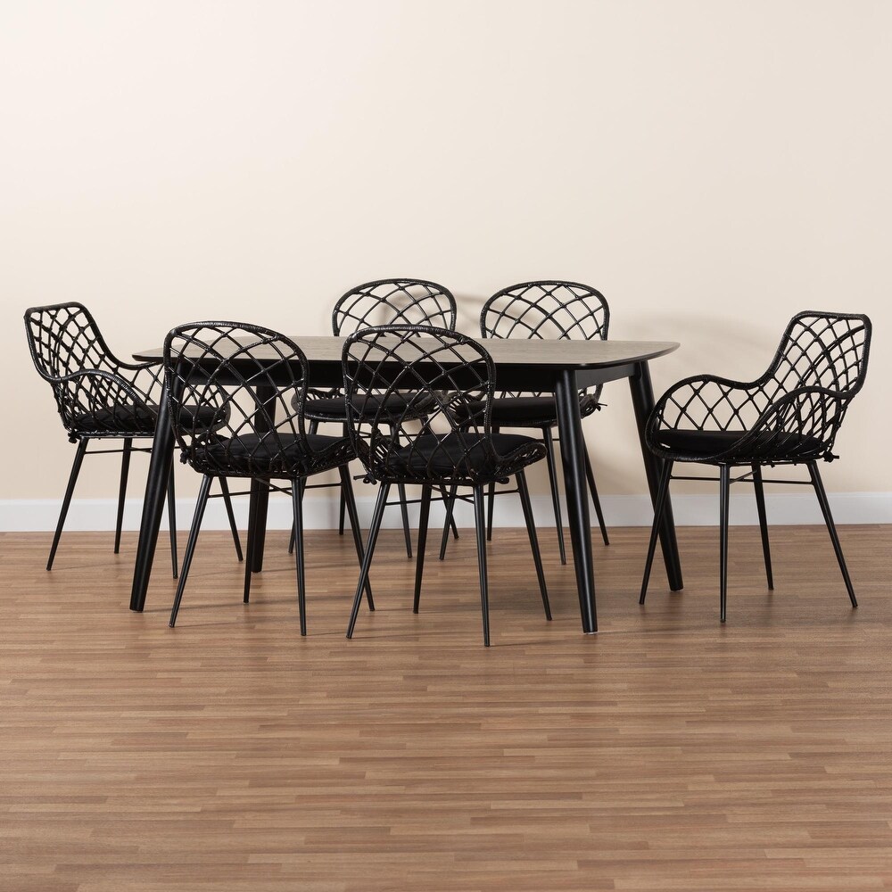 Aniceta Modern Bohemian Black Finished Wood and Rattan 7 Piece Dining Set