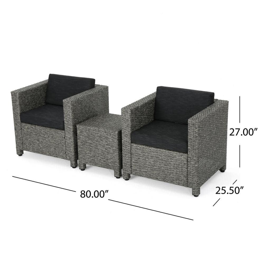 Noble House 3Piece Wicker Patio Conversation Set with Dark Gray Cushions