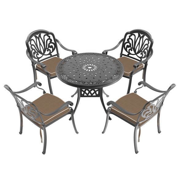 3/5Piece Cast Aluminum Outdoor Dining Set with 35.43 in. Round Table and Random Color Cushions