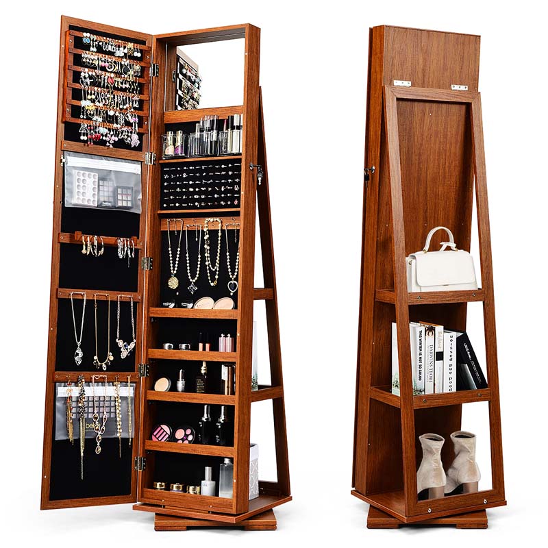 360 Rotating Jewelry Armoire with Higher Full Length Mirror, 3-in-1 Freestanding Lockable Jewelry Cabinet Organizer