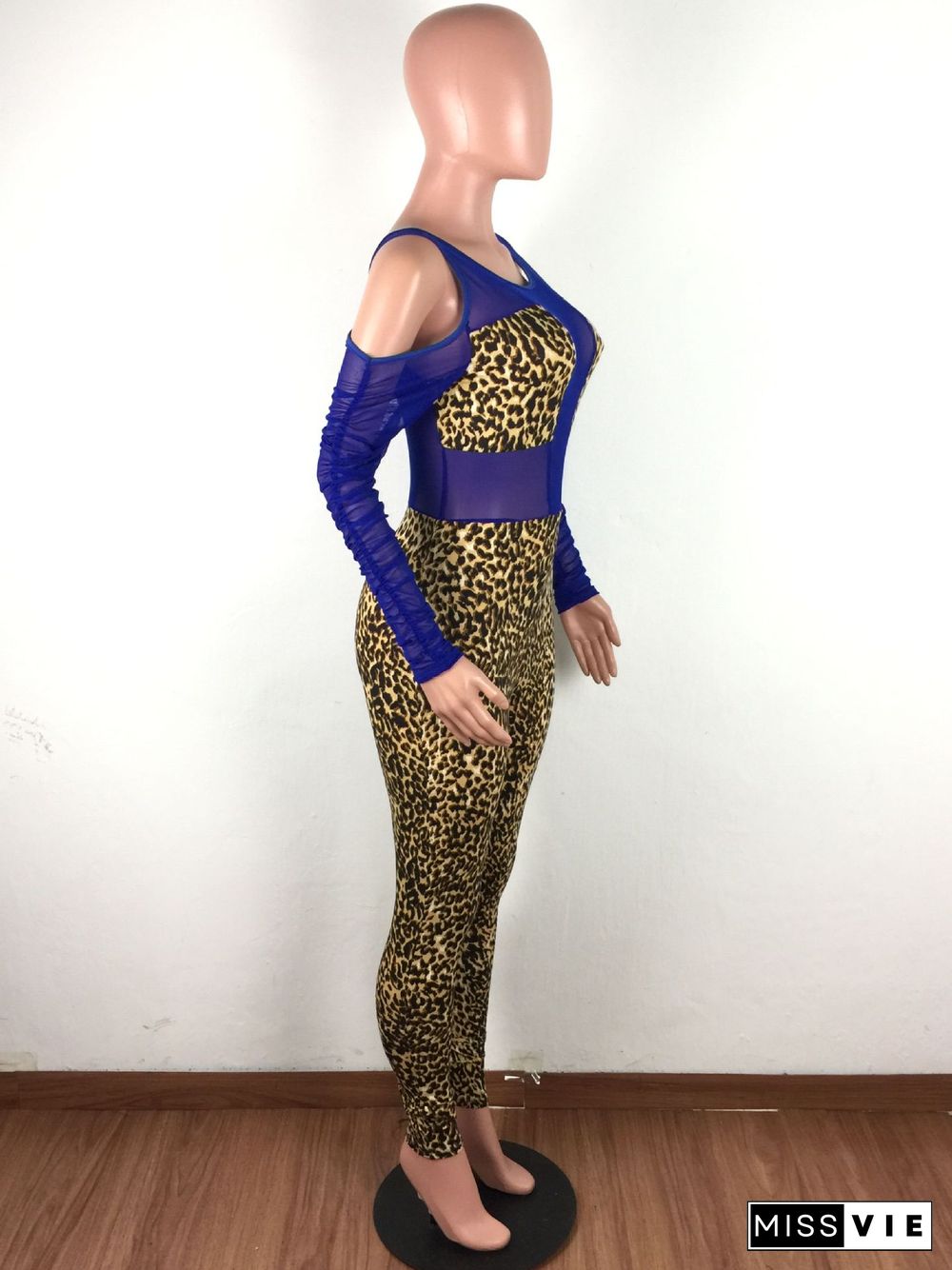 Leopard Print Stitching Net Yarn Pleated Sexy Jumpsuit