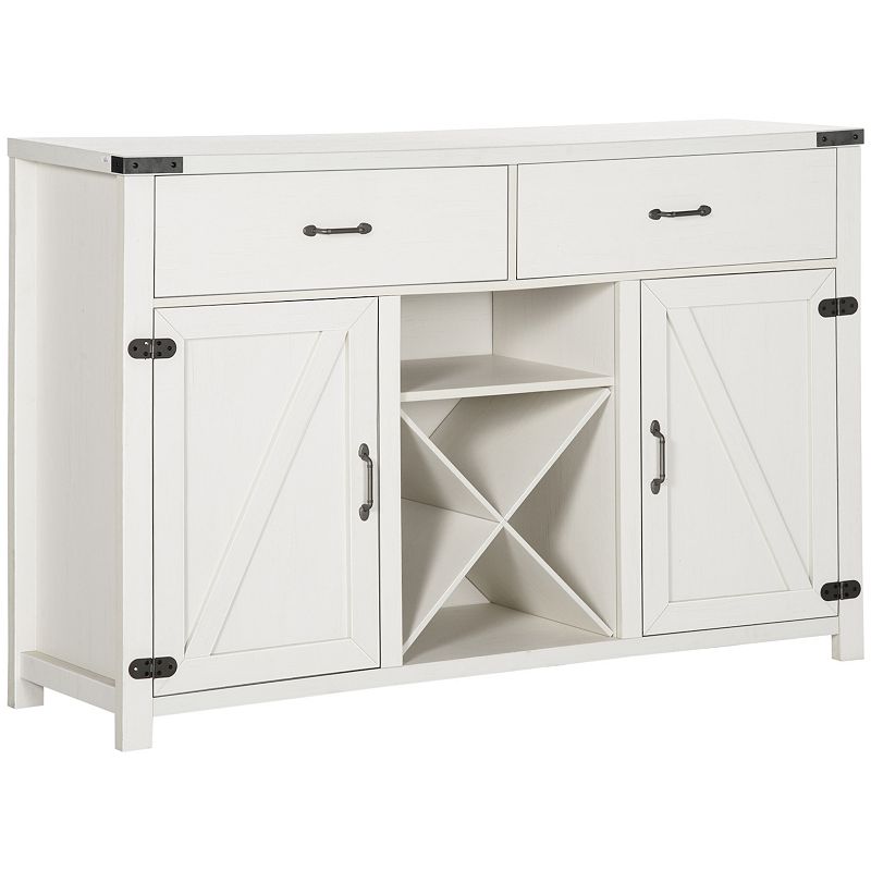 HOMCOM Wooden Farmhouse Sideboard， Storage Buffet Cabinet with 2 Large Drawers， X-Shaped Wine Rack， and Cabinets， White