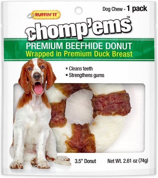 RUFFIN' IT Chomp'Ems Beefhide Donut With Duck Dog Treats， 1 count