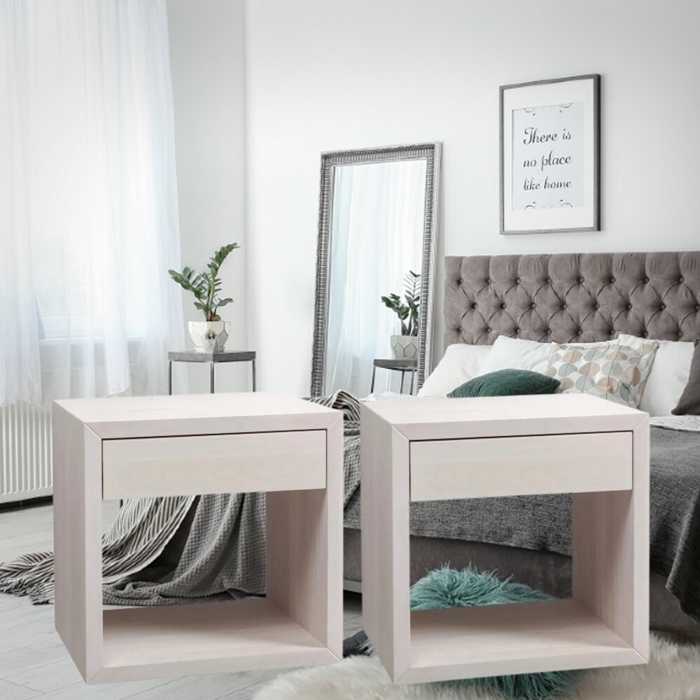 Premium Solid Wood White Finish Floating Nightstand set of 2 with a Drawer for Bedroom  Livingroom or Office