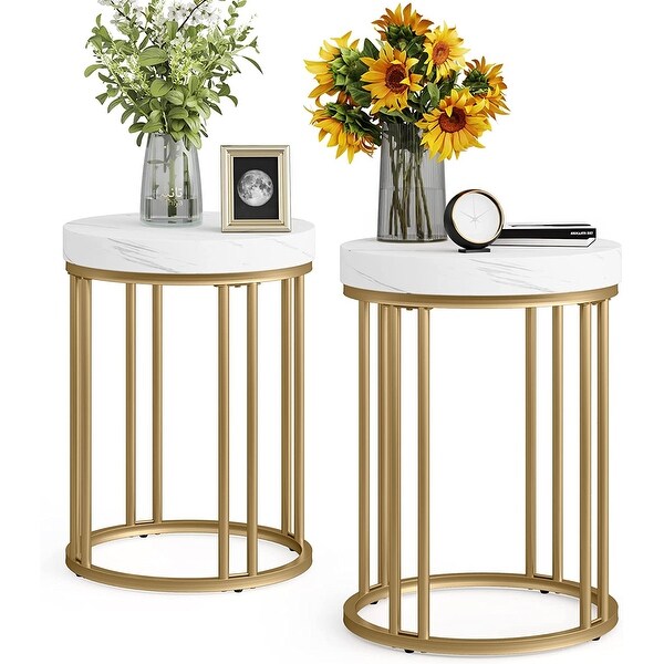 White Gold Round End Table， Modern Bedside Nightstand Faux Marble Top