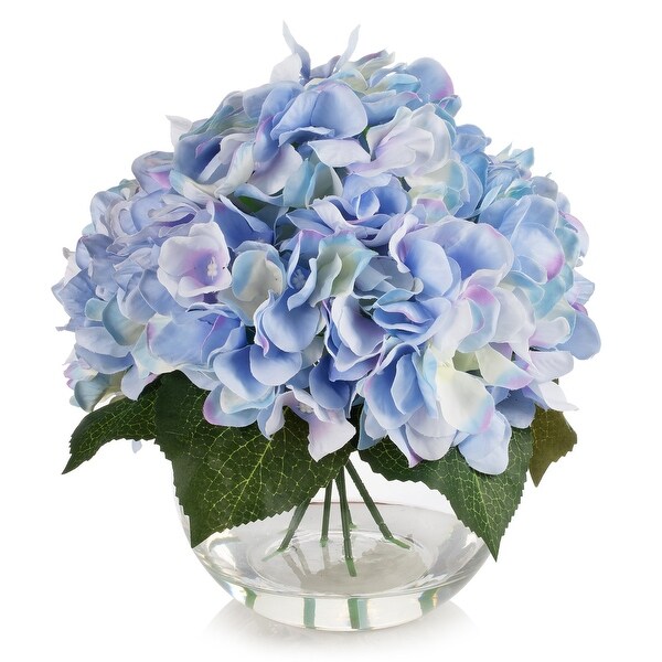 Hydrangea Artificial Flowers in Round Glass Vase with Faux Water，Silk Flower Arrangements in Vase for Home Decor，Wedding Table