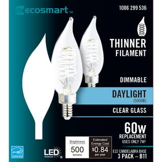 EcoSmart 60-Watt Equivalent BA11 Dimmable E12 Candelabra Fine Bendy Filament LED Vintage Edison Light Bulb Daylight (3-Pack) BA11C7E12850S