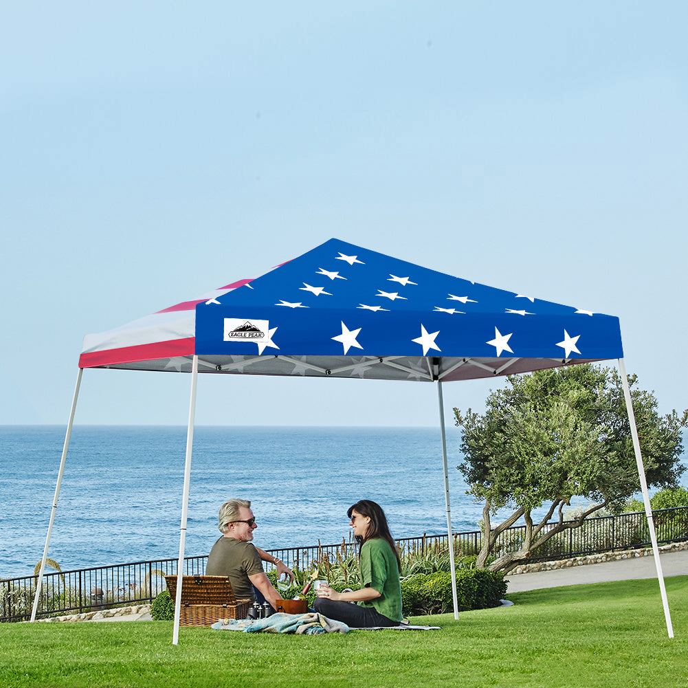 EAGLE PEAK 10' x 10' Slant Leg Pop-up Canopy Tent Easy One Person Setup Instant Outdoor Canopy Folding Shelter with 64 Square Feet of Shade (American Flag)