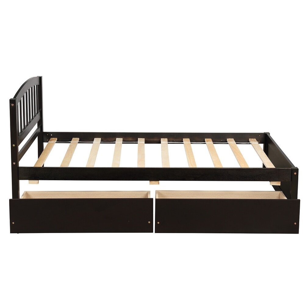 Twin Size Solid Wood Storage Platform Bed with Headboard   2 Drawers