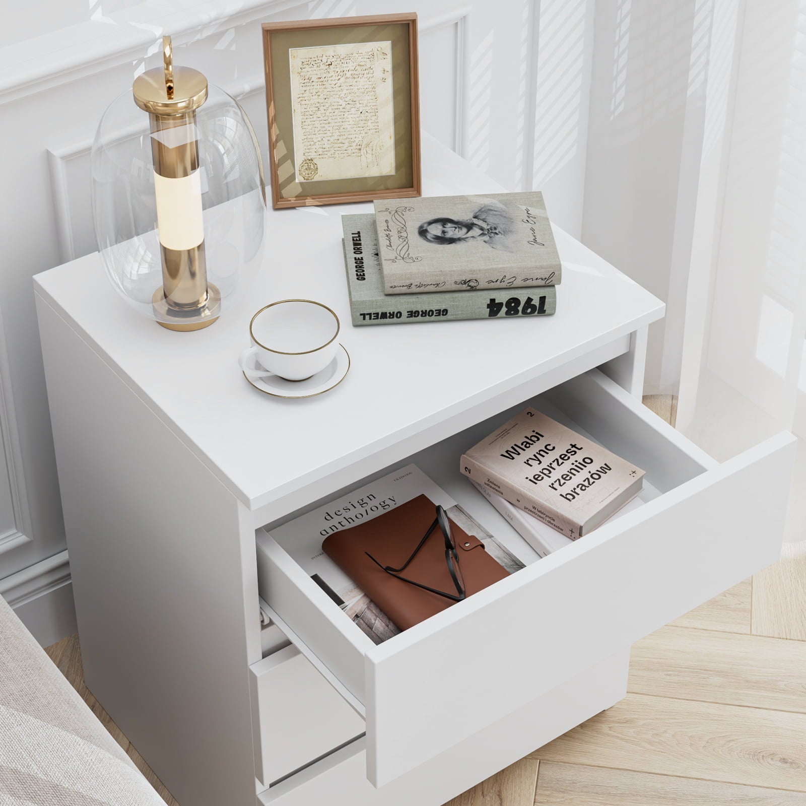 Homfa White Nightstand with Drawers, 3-Tier Sofa Table, Modern Wooden Storage Cabinet for Bedroom