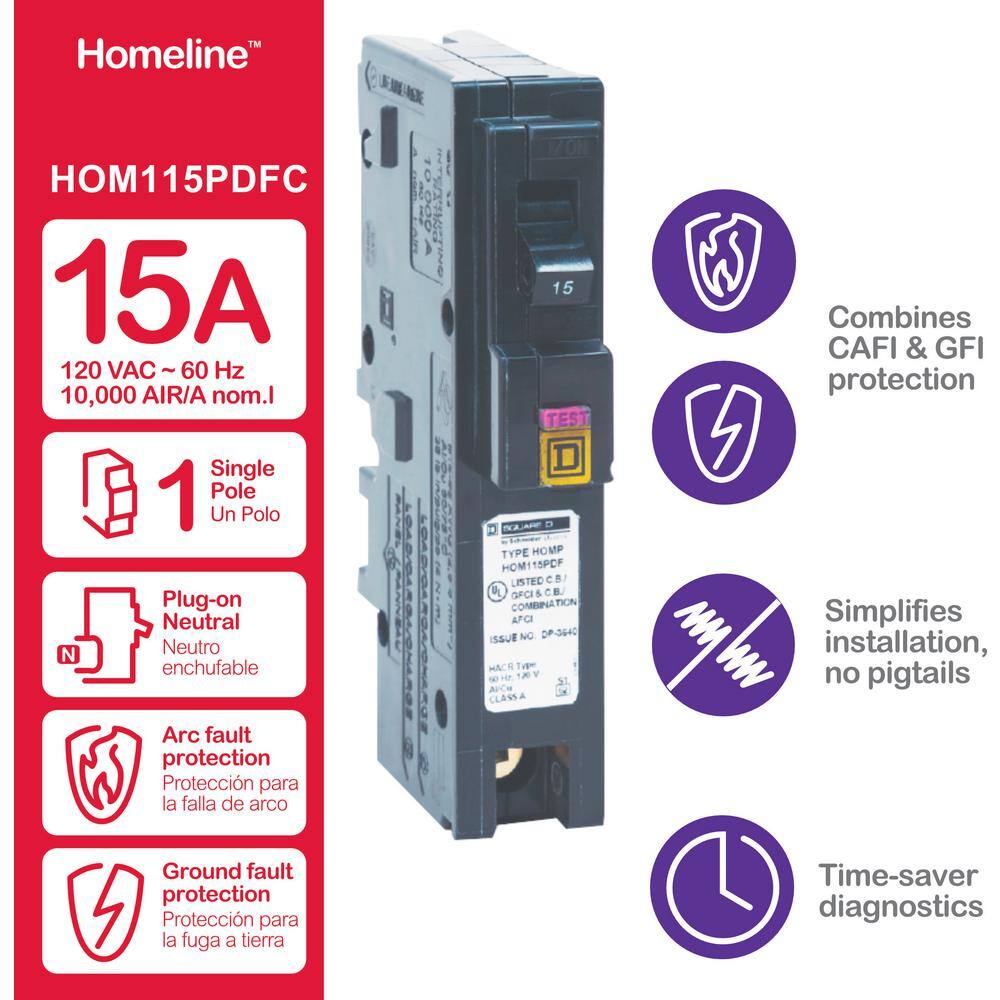 Square D Homeline 15 Amp Single-Pole Plug-On Neutral Dual Function (CAFCI and GFCI) Circuit Breaker HOM115PDFC