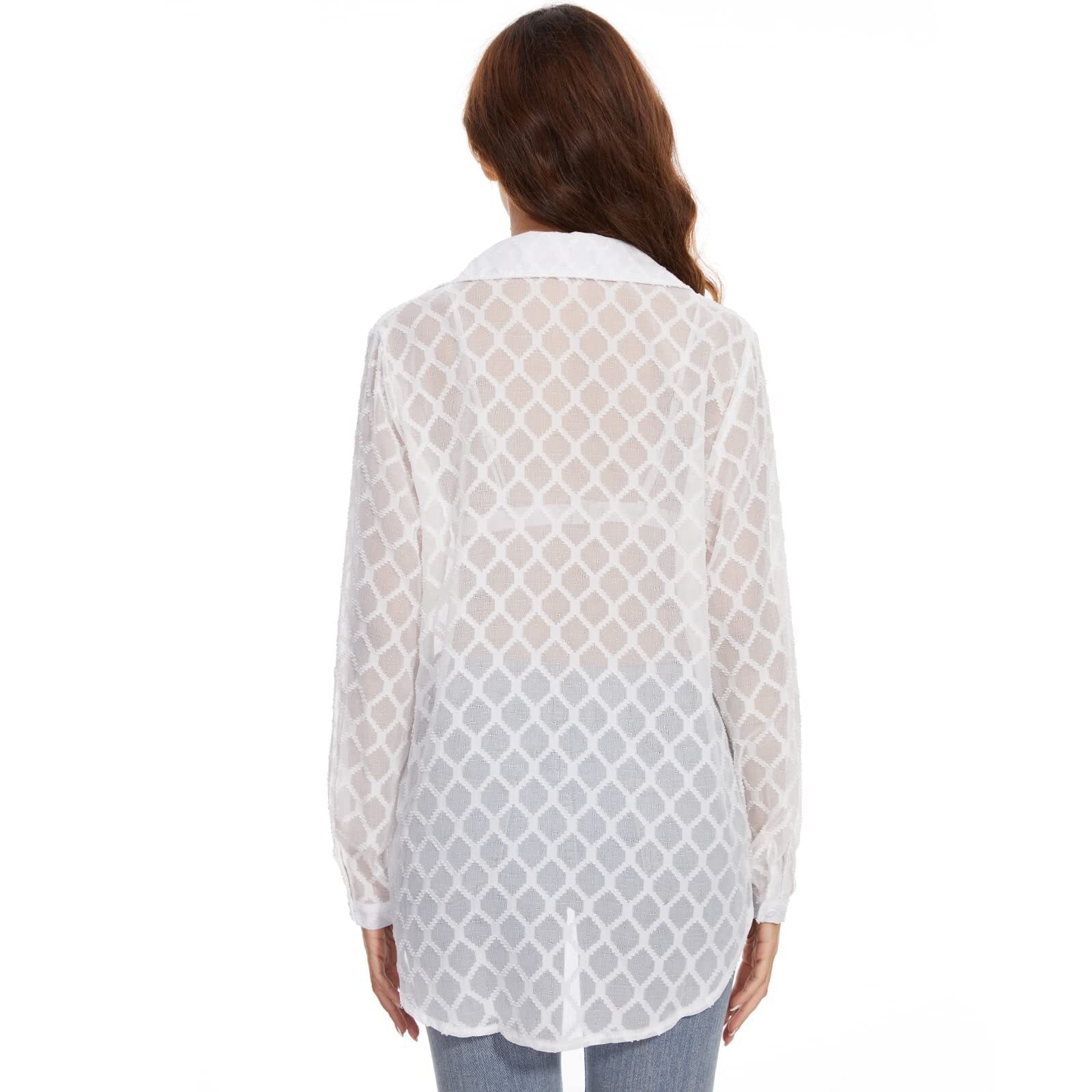 NeedBo Women's Button Down Long Sleeve V Neck Mesh Shirt See Through Sheer Blouse Tops， White L