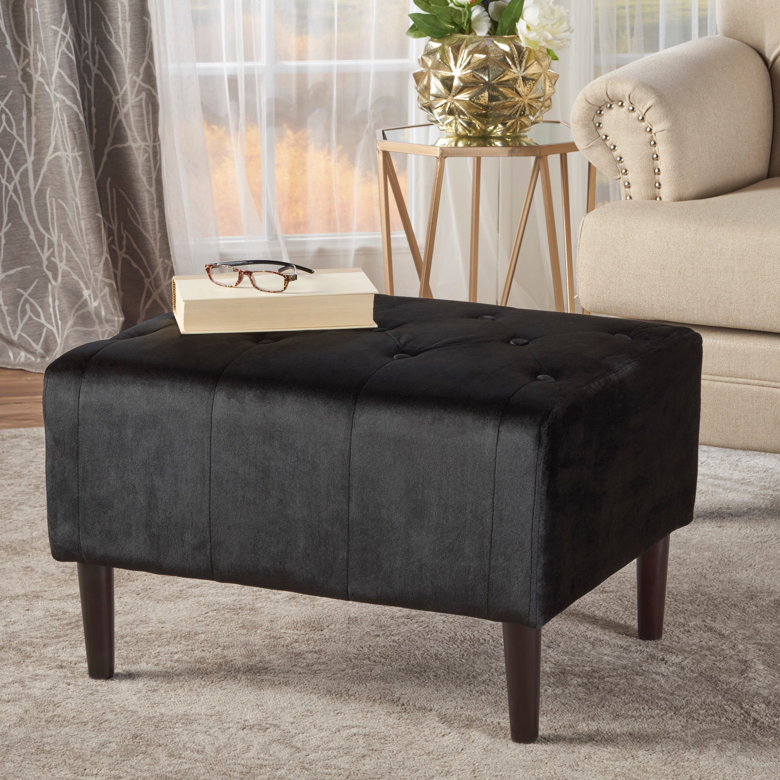 Kalani Modern Glam Button Tufted Diamond Stitch Velvet Ottoman With Tapered Legs