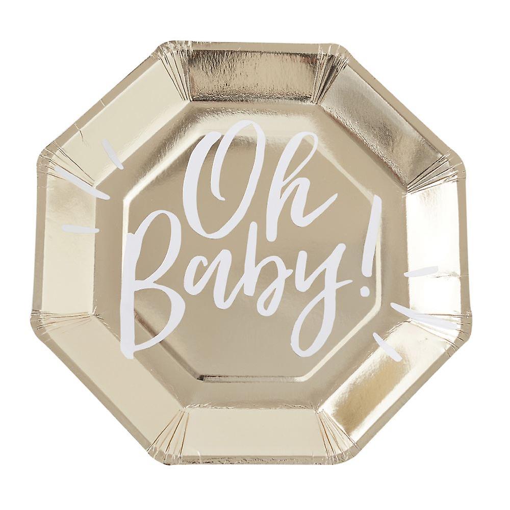 Baby Shower Paper Plates  | Oh Baby! Gold Gender Reveal Party Unisex x8