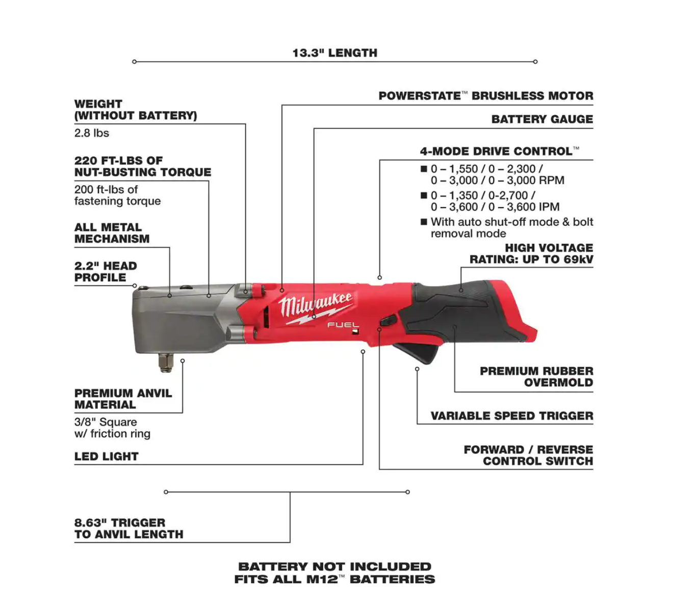 Milwaukee 2554-20-2564-20-2567-20 M12 FUEL 12V Li-Ion Brushless Cordless Stubby 3/8 in. Impact Wrench w/Right Angle Impact Wrench and High Speed Ratchet