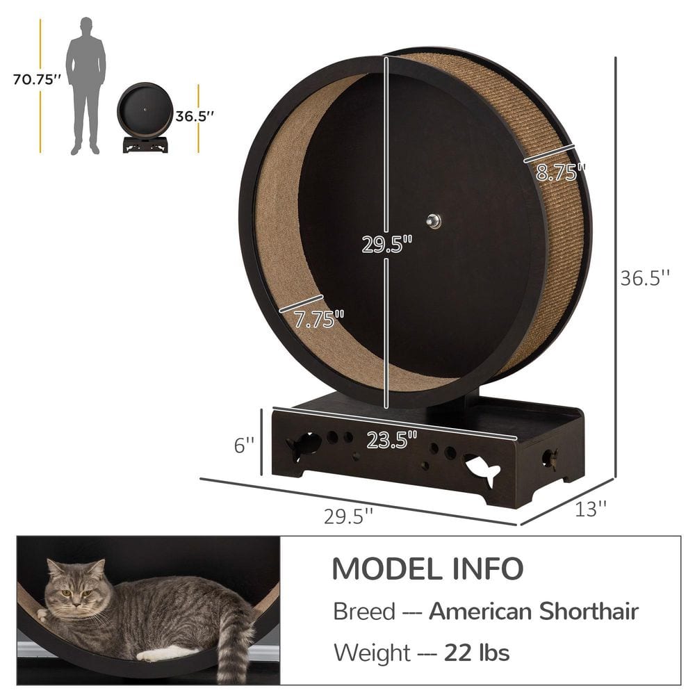 PawHut Small Brown Cats Wooden Round Cat Exercise Wheel, Cat Tree with Carpet Runway D30-306V80BN