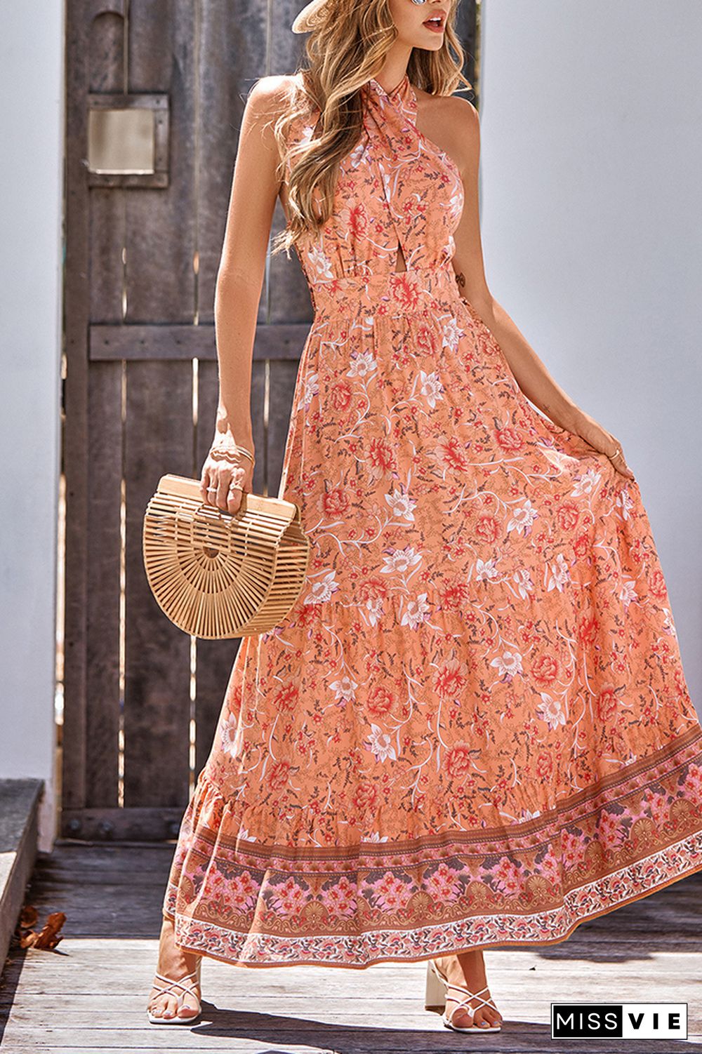 Halter Backless Bohemian Floral Maxi Dress