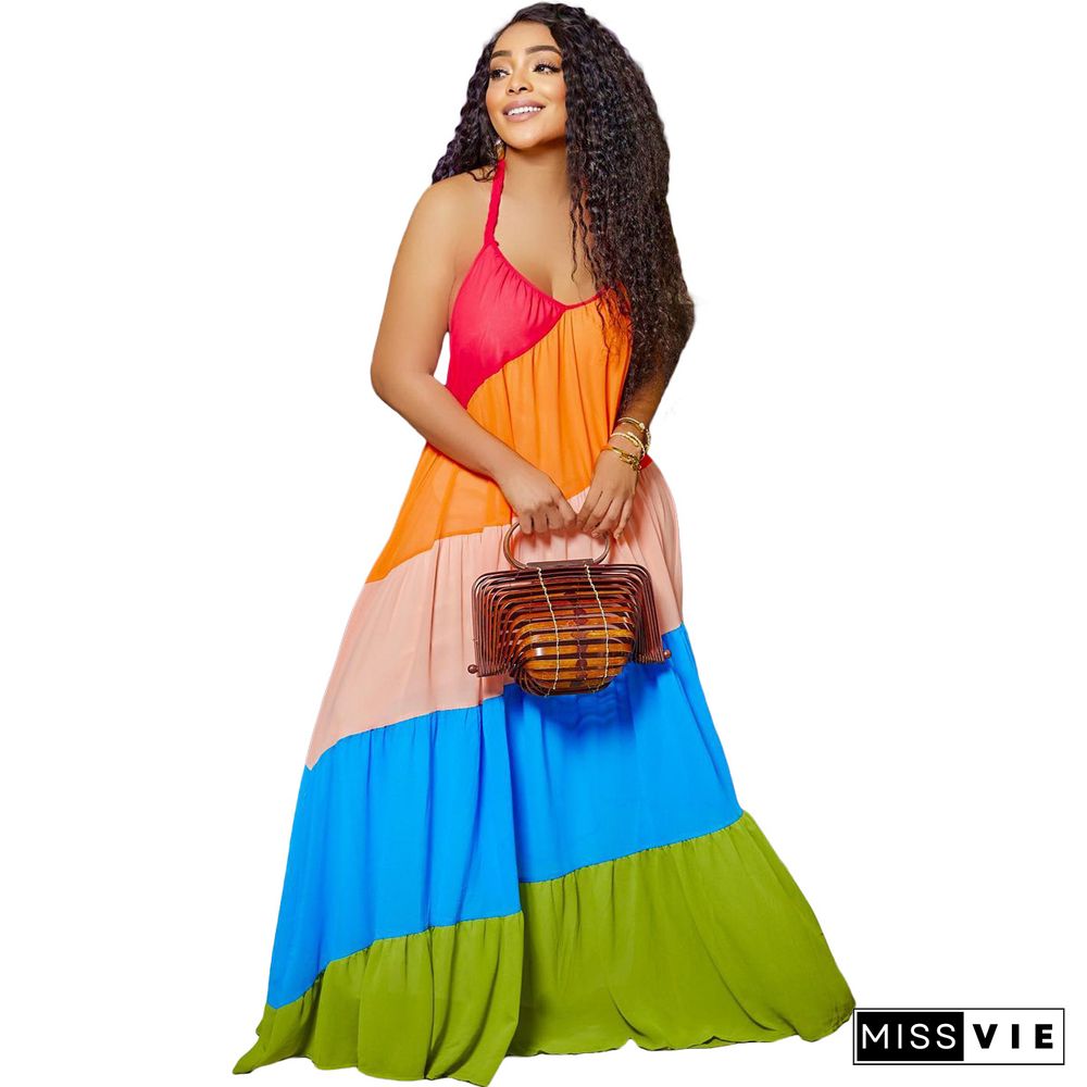 Color Block Patchwork Backless Loose Fitting Maxi Dress