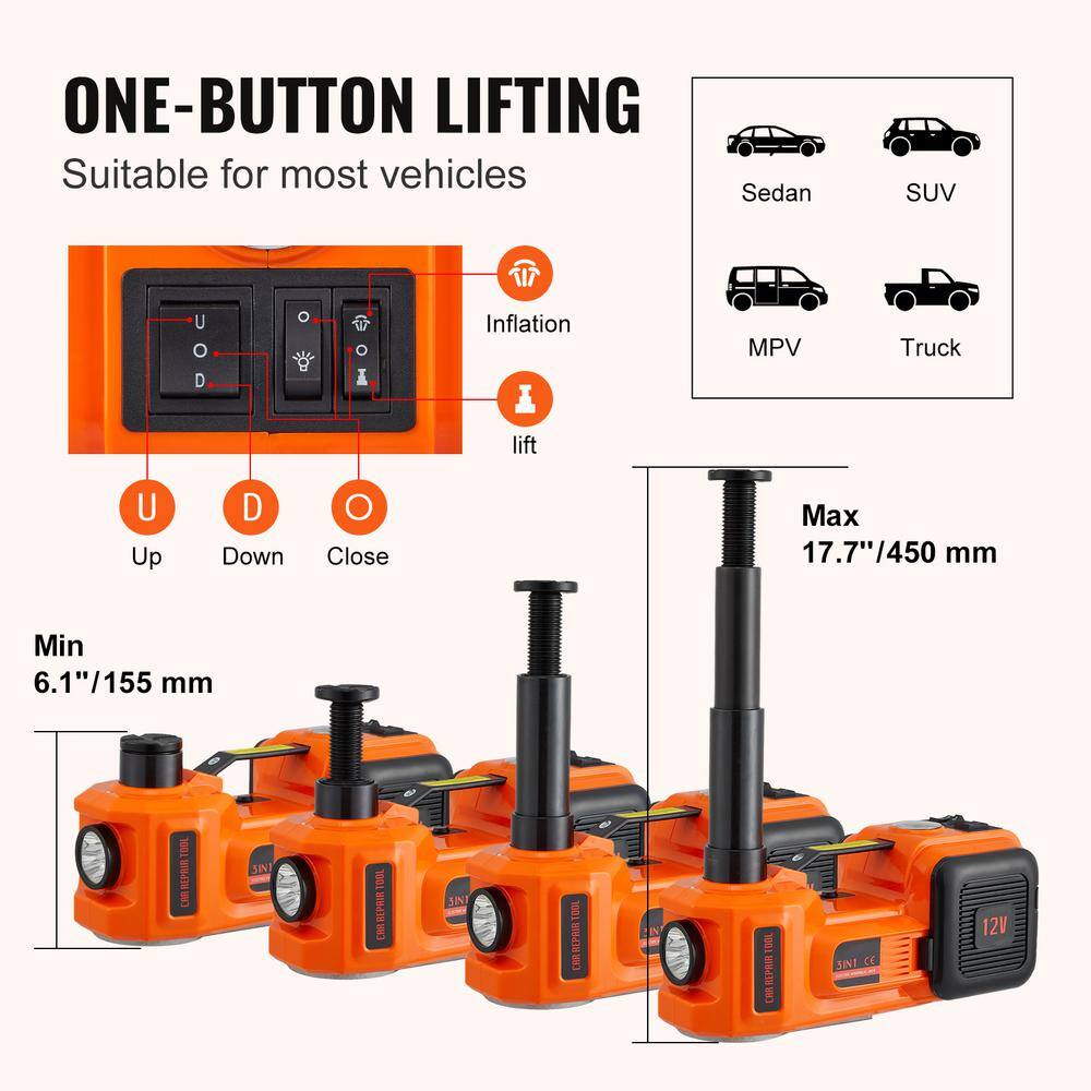 VEVOR 5-Ton 11023 lbs. Electric Hydraulic Jack Car Floor Jack 12V Lift Up To 17.7 in. Height with Built-in Tire Inflator Pump DDYYQJDTJDWC5G95XV9