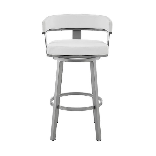 Swivel Barstool with Curved Open Back and Metal Legs， Silver and White