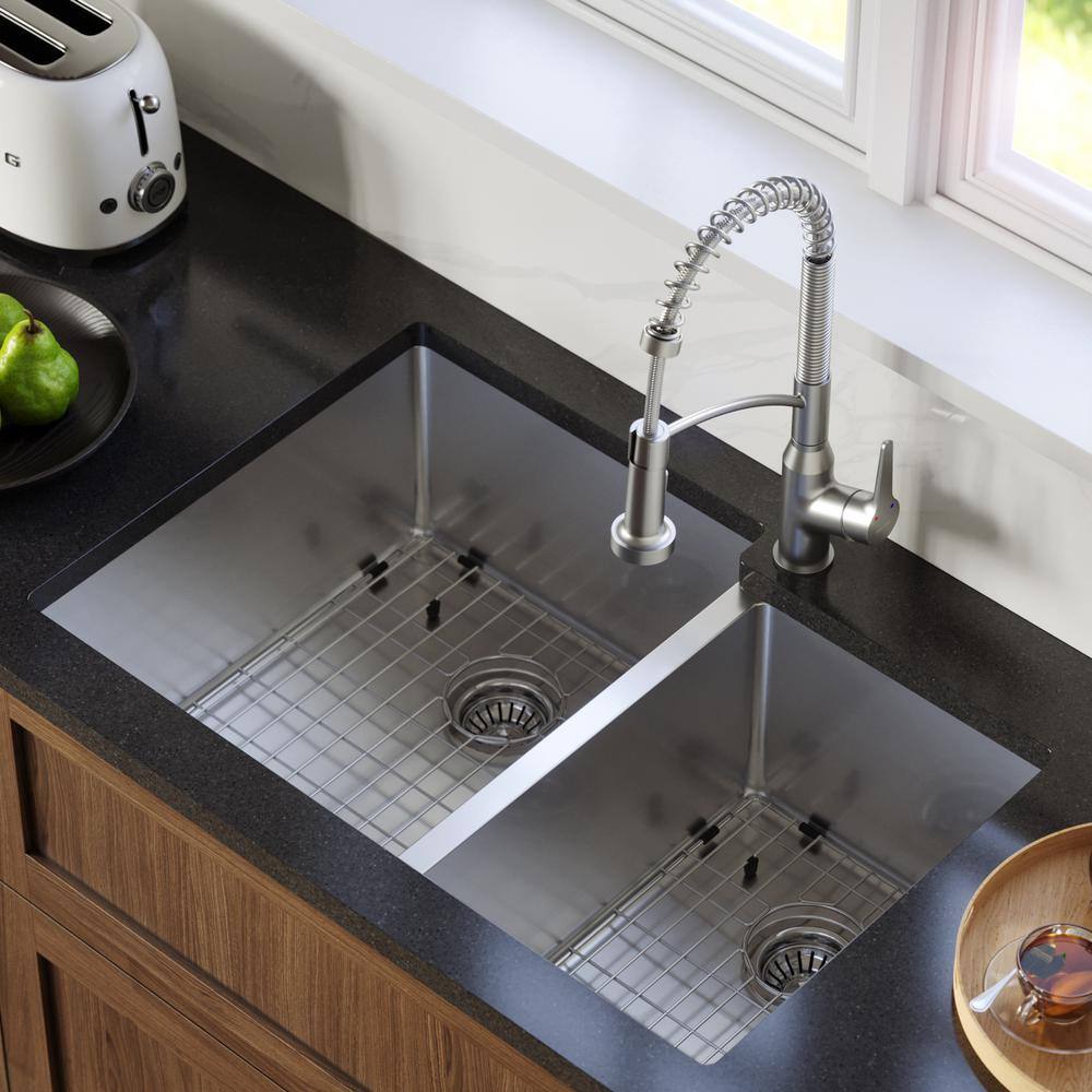 Karran 16-Gauge Stainless Steel 33 in. Double Bowl Undermount Kitchen Sink with Grid and Basket Strainer EL-78R-PK1