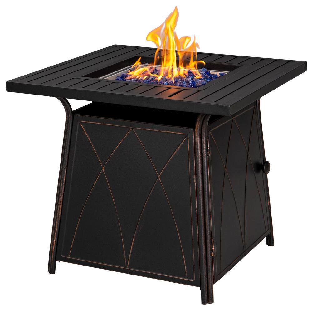 PHI VILLA 28.3 in. x 24.8 in. 50000 BTU Square Metal Gas Fire Pit Table with Lid and Blue Fire Glass THD-E02GS001