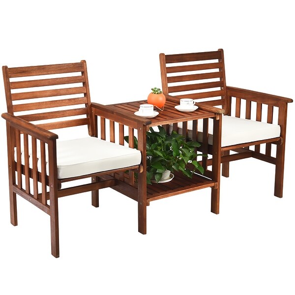 Costway Patio Loveseat Conversation Set Acacia Wood Chair Coffee Table