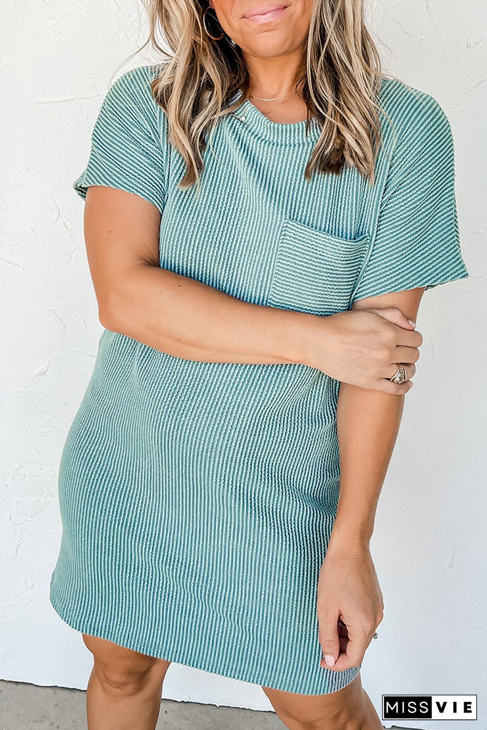 Blue Striped Ribbed Knit T-shirt Shift Dress