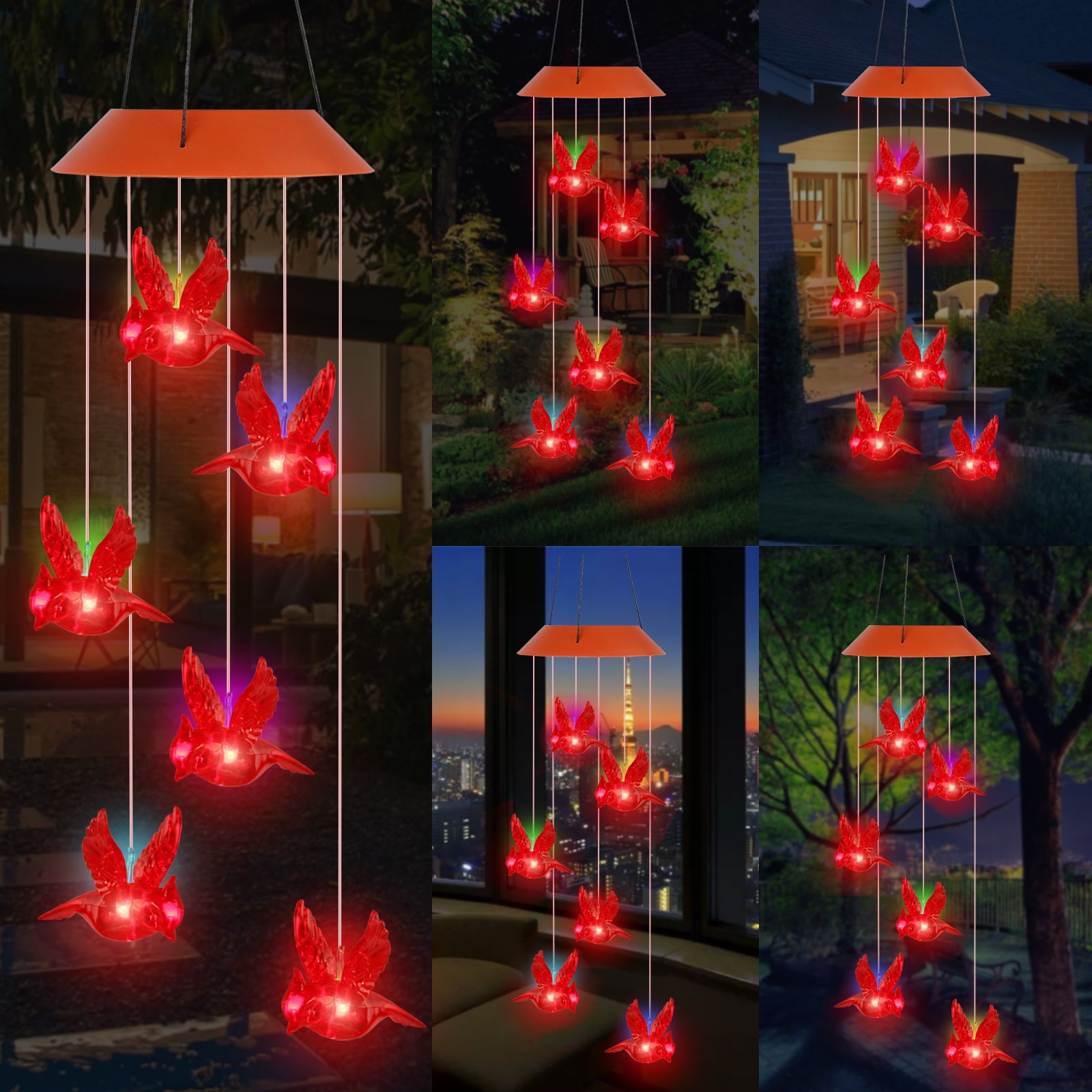 EEEkit Solar Cardinal Red Bird Wind Chime Lights， LED Cardinal Mobile Wind Chimes with S Hook， IP65 Waterproof for Patio Deck Yard Garden Home Decor