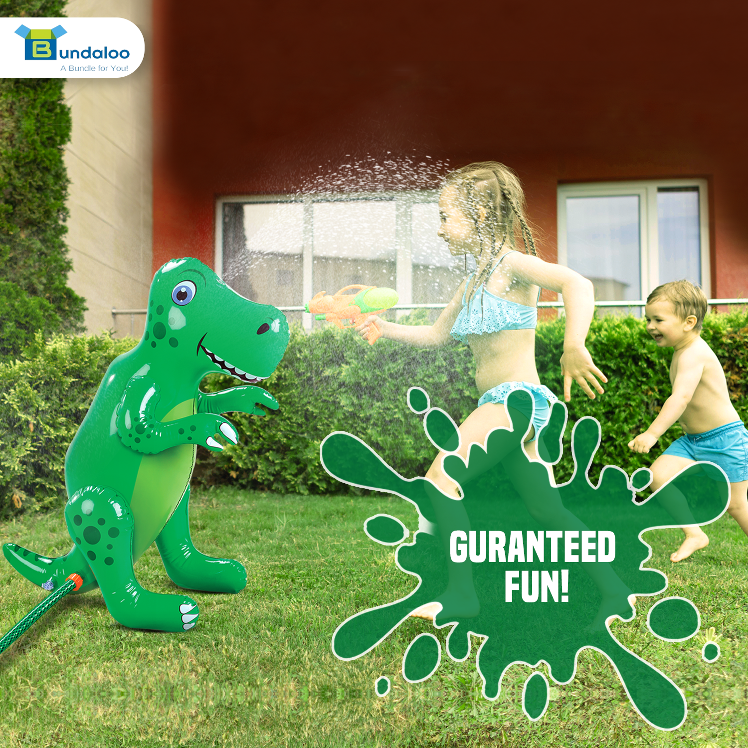 Bundaloo Inflatable Dinosaur Sprinkler - Fun Outdoor Water Toy for Boys and Girls Age 3 and Up- Beach， Lawn， Park， Backyard Splash Activities for Summer - Decorative Dino-Themed Birthday Party Games