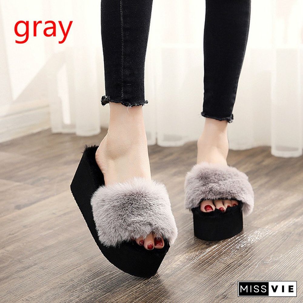 Home Slippers 7 Cm High Heel Women's Plush Shoes Autumn Winter Home Shoes Thick Heel Non-Slip Plush Slippers