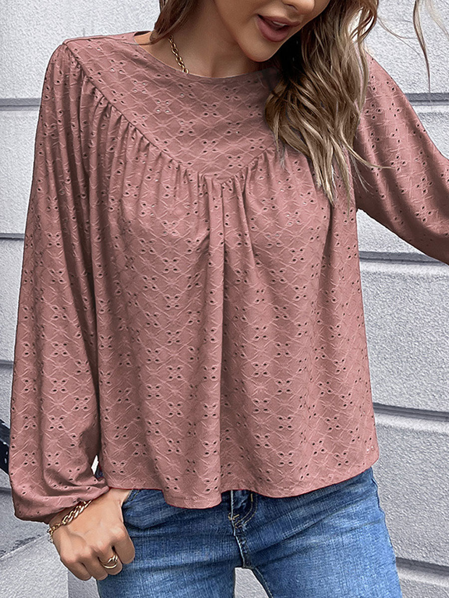 Round Neck Casual Loose Hollow Embroidered Long Sleeve Blouse