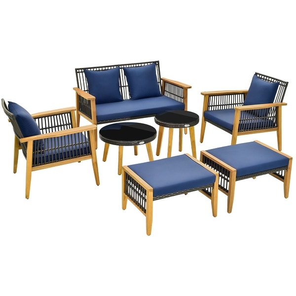 7 Piece Outdoor Conversation Set with Stable Acacia Wood Frame Cozy Seat and Back Cushions