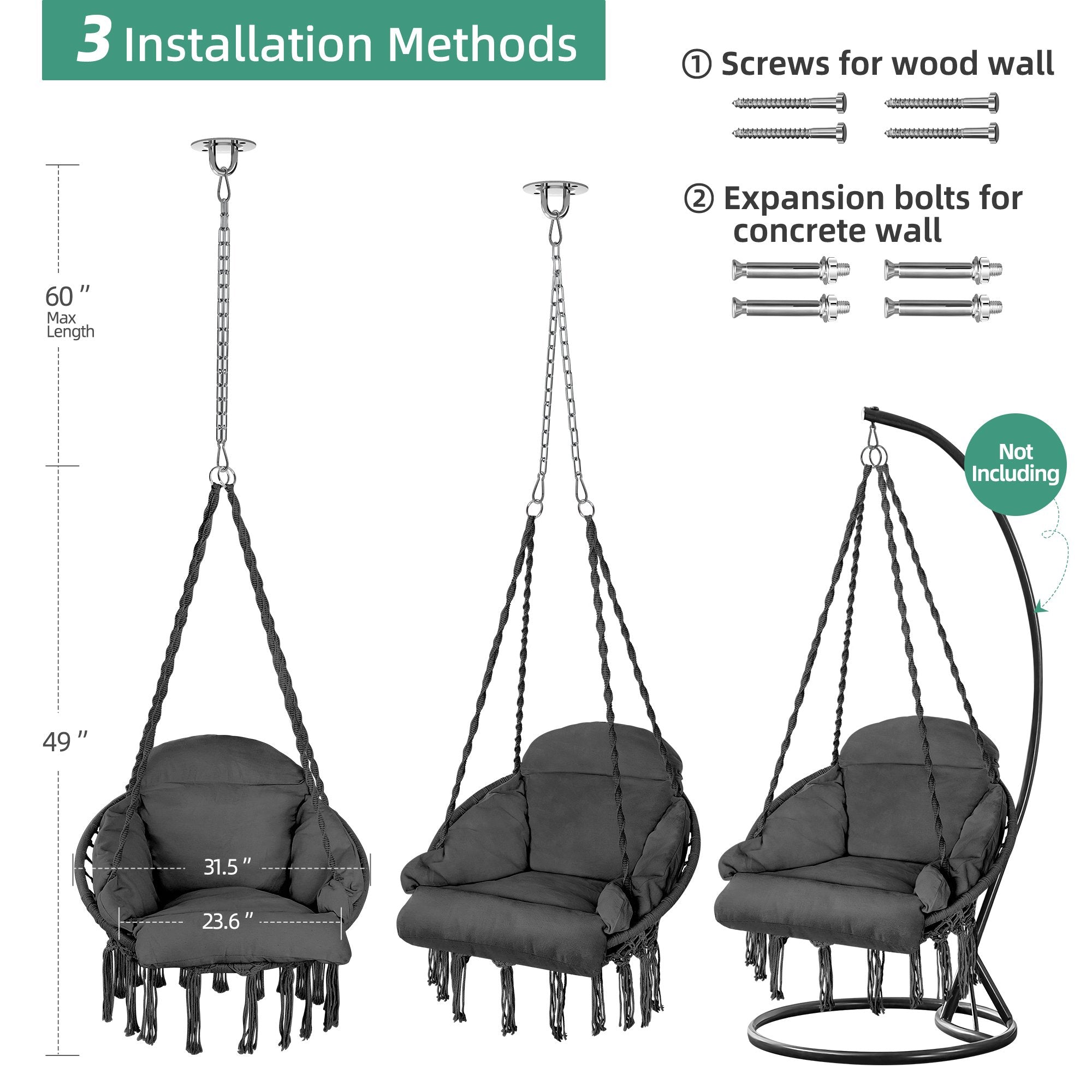 Hammock Chair, Macrame Hanging Swing Chair with Large Padded Cushion and Hardware Kits, Max 330 Lbs, Hanging Cotton Rope Chair for Indoor, Outdoor, Bedroom, Patio, Porch, Garden -Grey