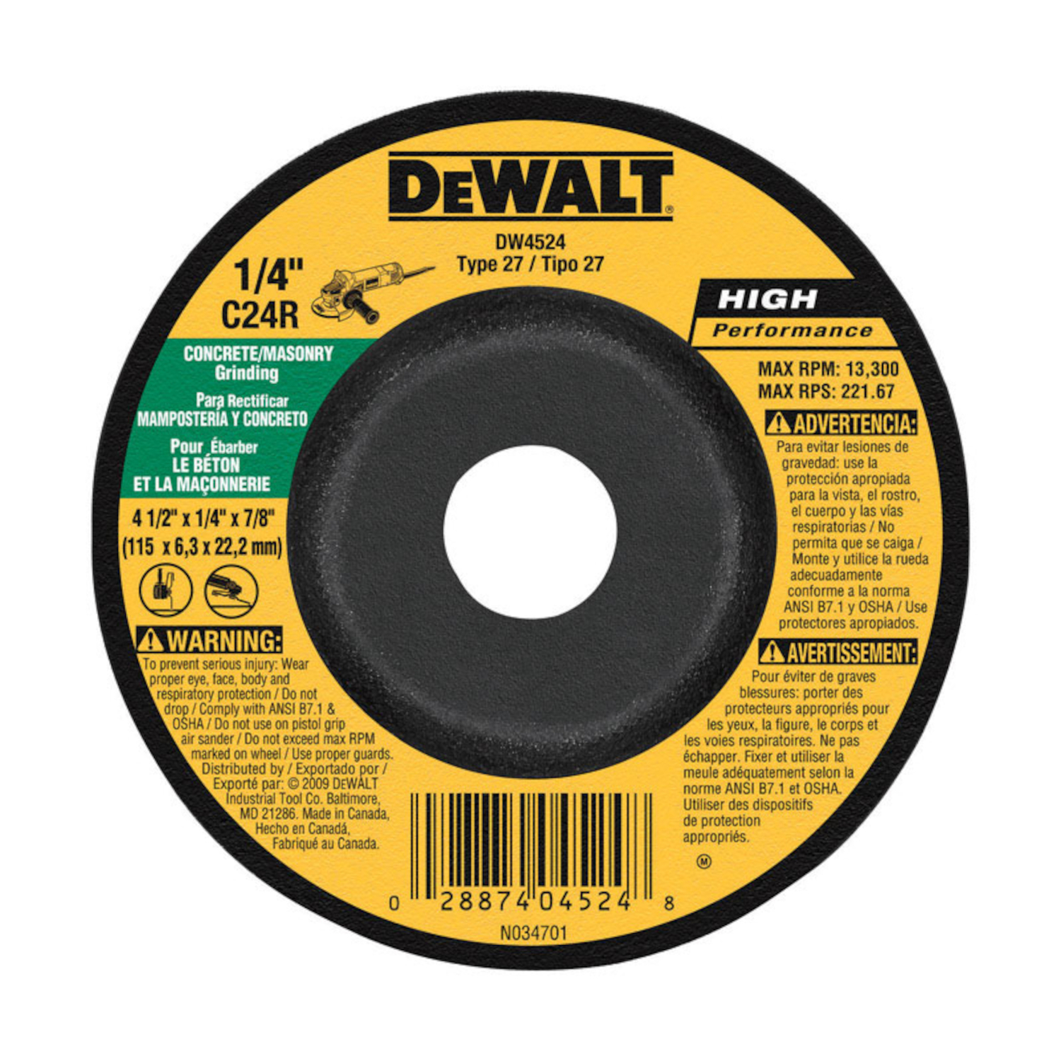 DW 4-1/2 in. D X 7/8 in. Masonry Grinding Wheel