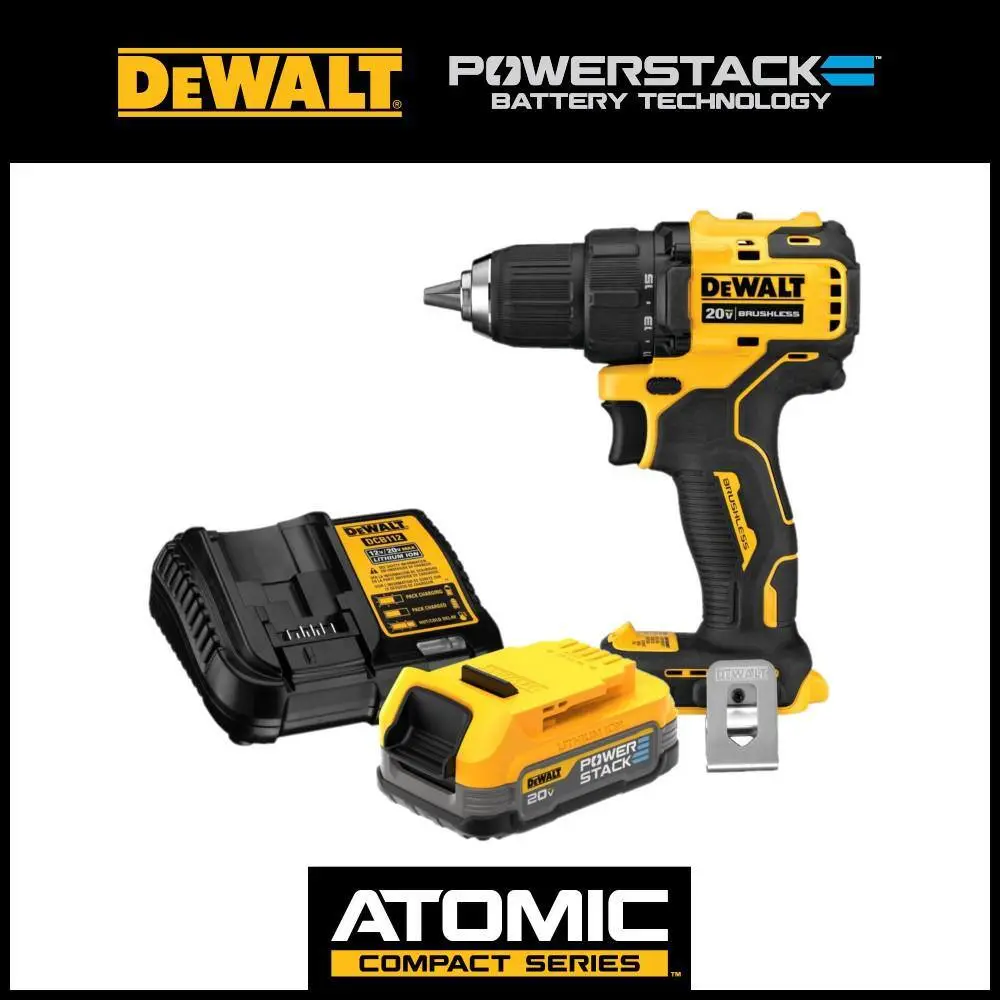 DW ATOMIC 20V MAX Brushless Cordless Compact 12 in. DrillDriver and 20V POWERSTACK Compact Battery Kit DCD708BWP034C