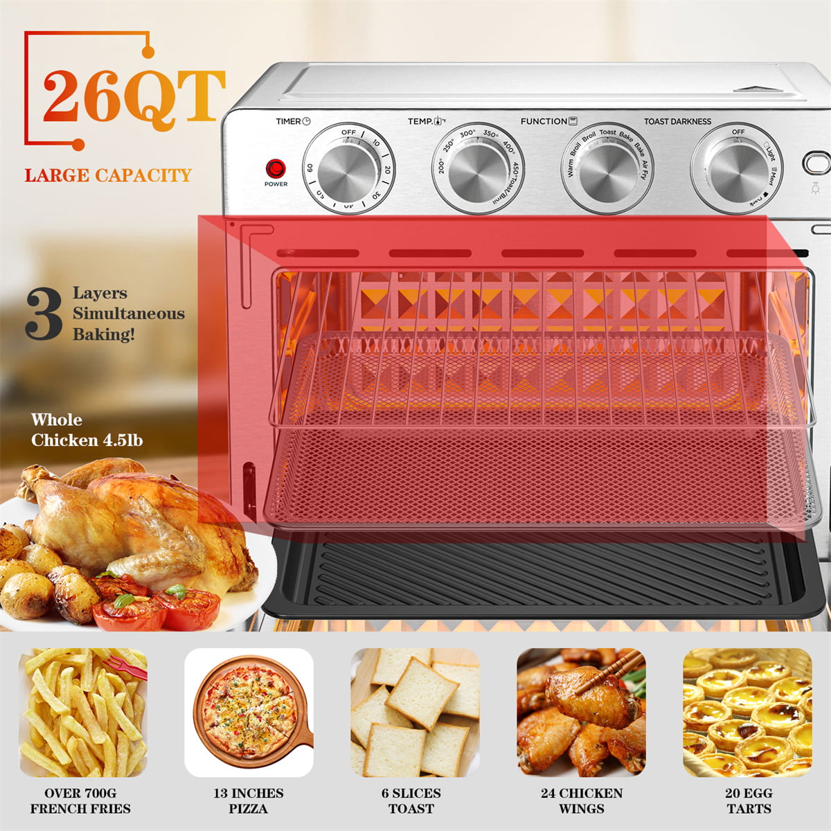 Geek Chef Air Fryer 26QT, 6 Slice Air Fryer Fry Oil-Free, Large Toaster Oven Combo, Air Fryer Oven, Roast, Bake, Broil, Reheat, Convection Countertop Oven, Accessories Included, Stainless Steel