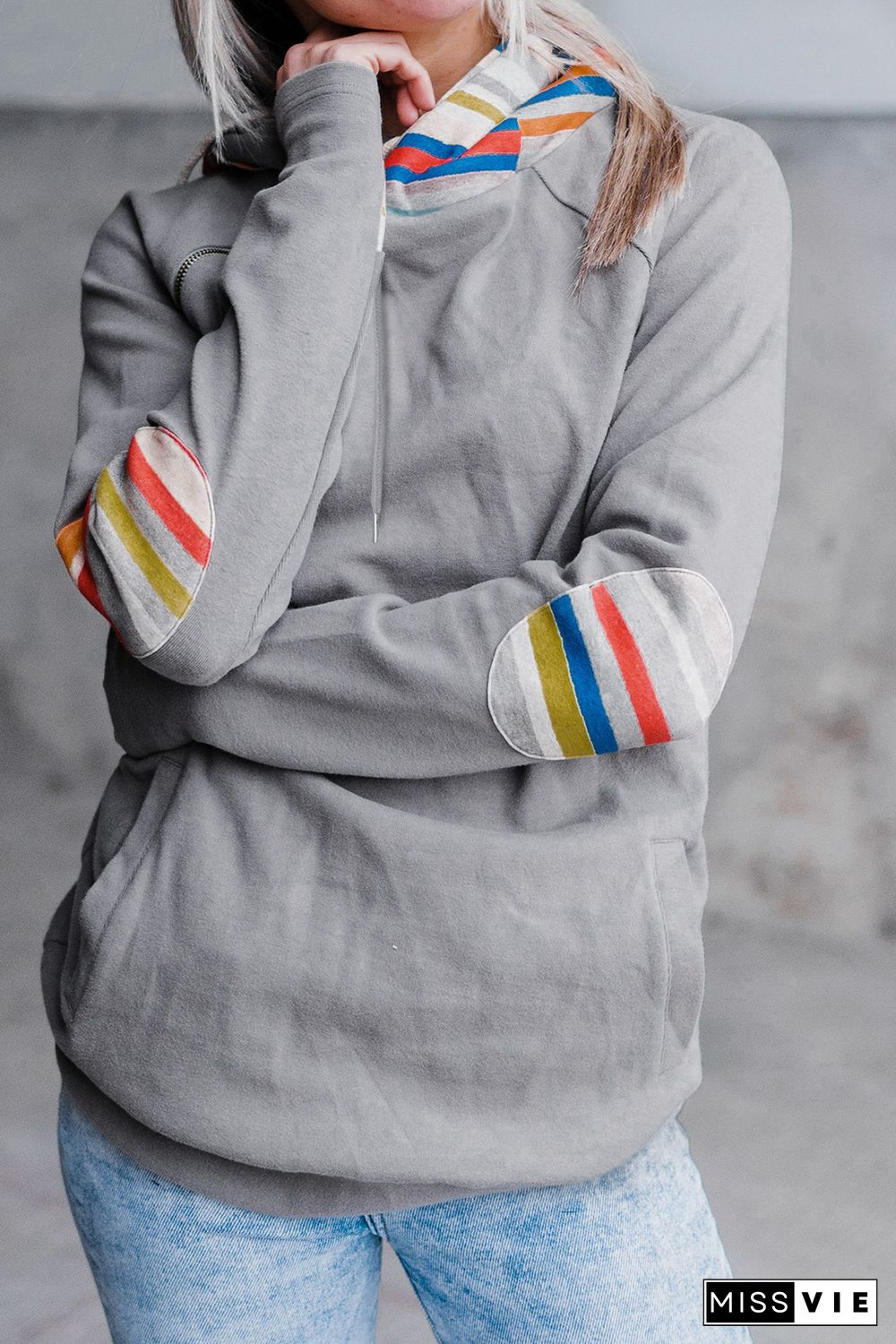 Rainbow Color Stripe Print Elbow Patch Hoodie