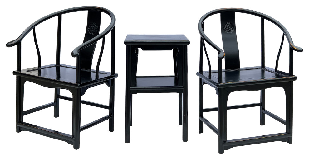 Chinese Distressed Black Lacquer Horseshoe Back Armchair Table 3 Pcs Set Hcs7660   Asian   Living Room Furniture Sets   by Golden Lotus Antiques  Houzz