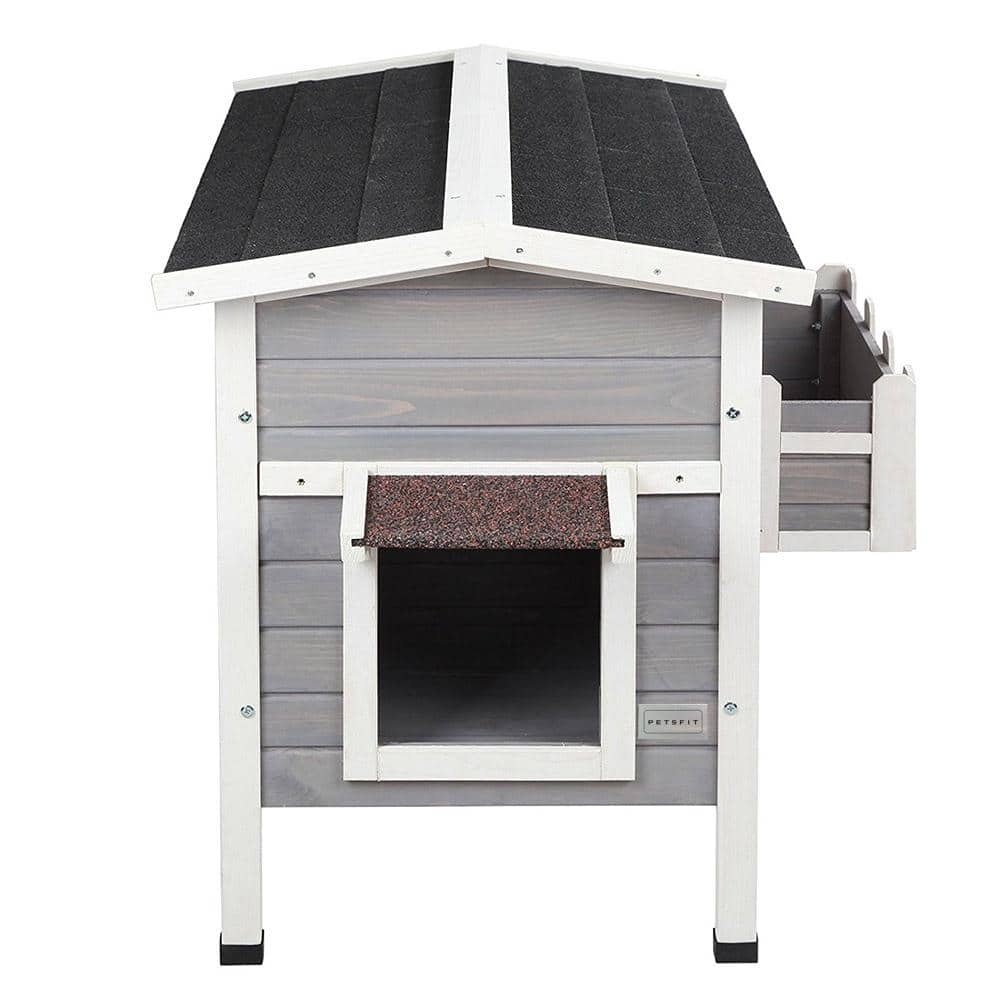 Grey Solid Wood Cat House Larger Design for 3 Adult Outdoor Cats Weatherproof CATTHHHHOUS-1