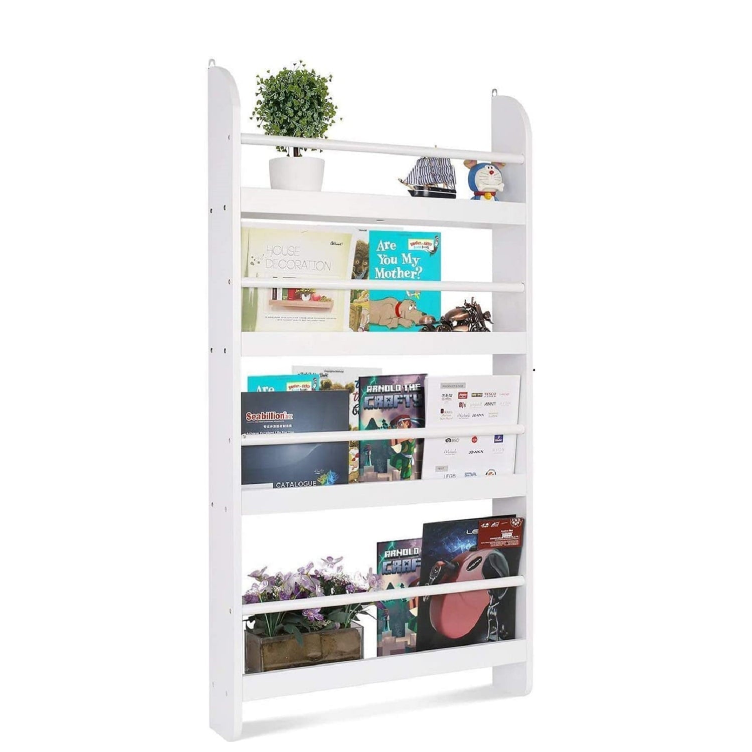 Homfa 4-Tier Bookshelf, Wall Mounted Kid Bookshelf Storage Rack,  Organizer Stand for Books Toys for Bedroom, White