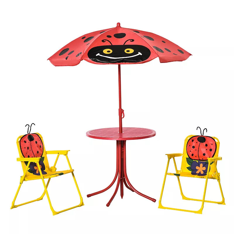 Outsunny Kids Picnic Table and Chair Set Outdoor Folding Garden Furniture for Patio Backyard with Dairy Cow Pattern Removable and Height Adjustable Sun Umbrella Aged 3 6 Years Old