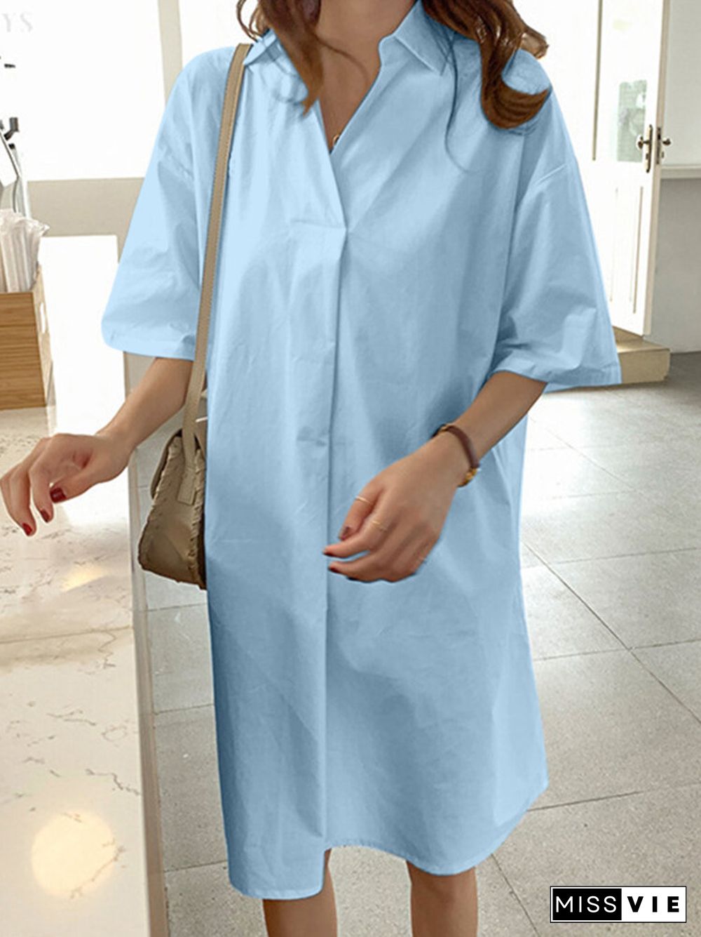 Solid Lapel Half Sleeve Casual Dress